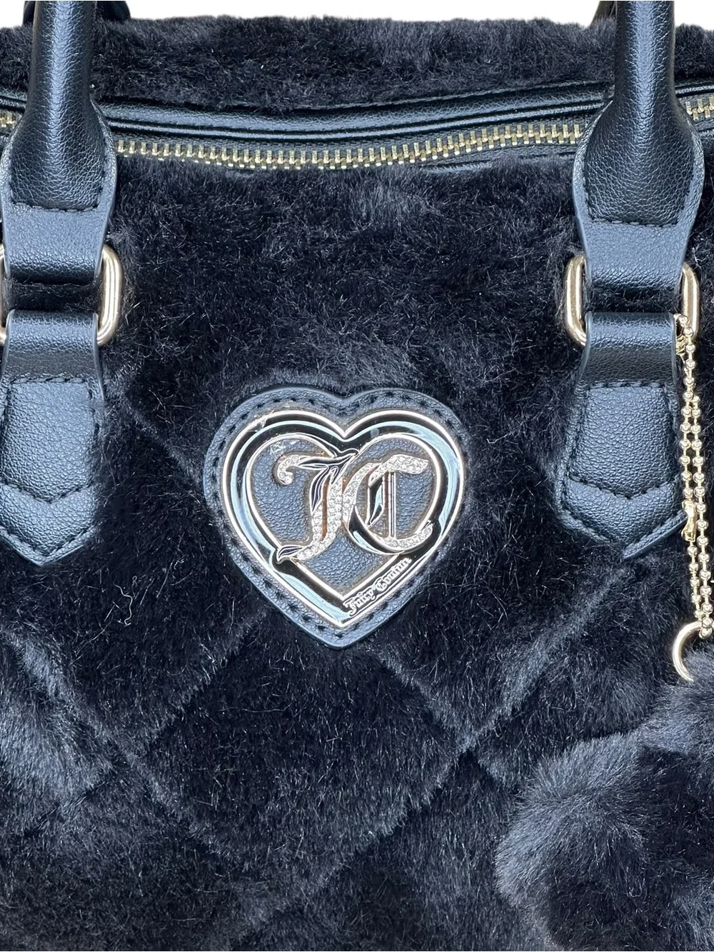 Juicy Couture Let's Get Cozy Black Faux Fur Satchel Purse Heart Logo No Flaws